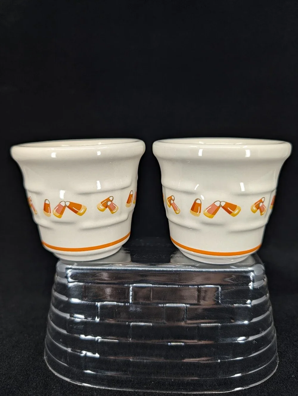 Longaberger Woven Tradition Pottery 1999 Halloween Candy Corn Votive Cup Set (2)